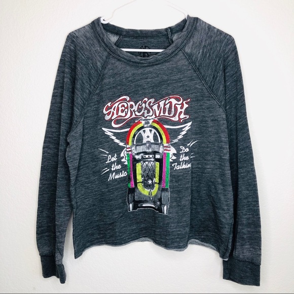 Recycled Karma Sweaters - Recycled Karma Aerosmith Band Graphic Raw Hem